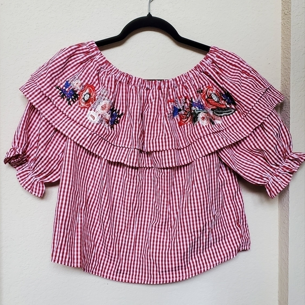 Lost + Wander Small Red & White Gingham Off the Shoulder Floral Embroidered Top